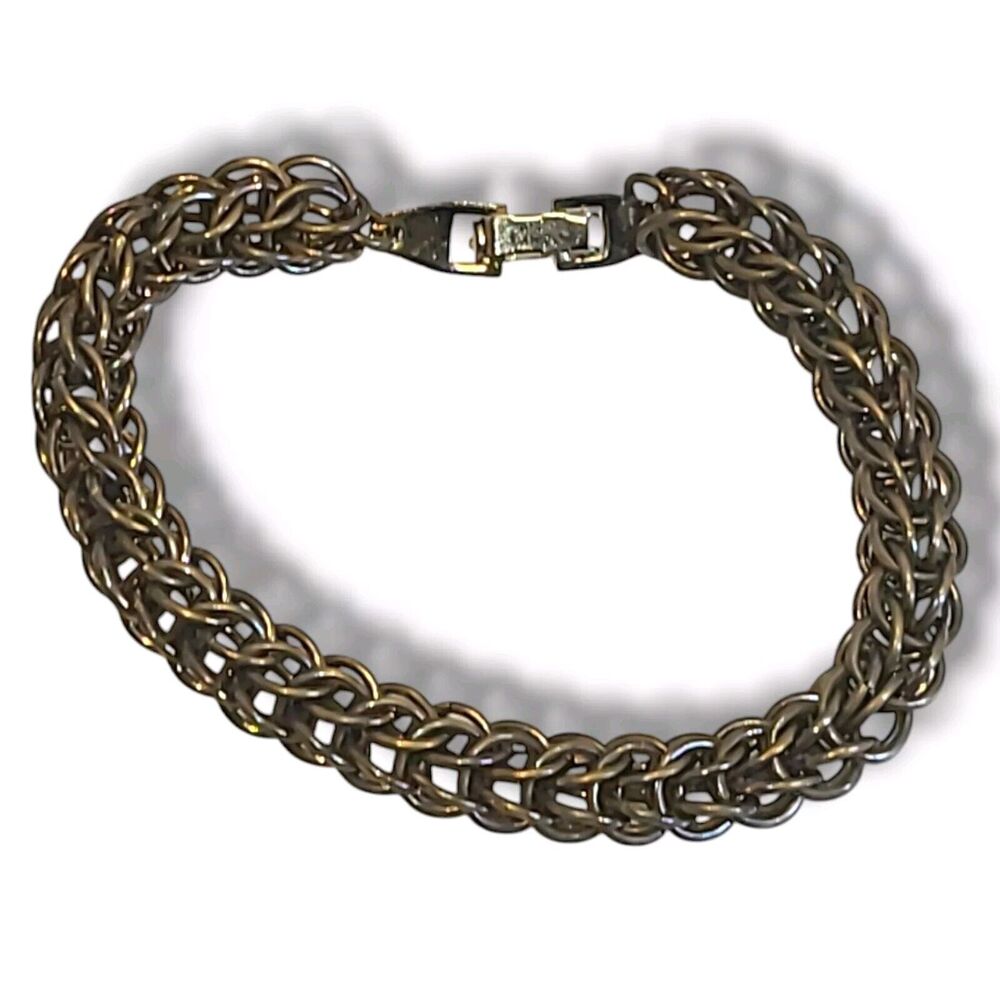 Vintage Chunky Gold Tone Byzantine Wheat Chain Bracelet 7.75"